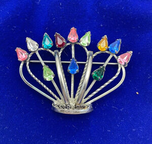 Sterling Silver Crown Pin Colorful Swarovski Crystals 1950s Brooch Ekelund Bro